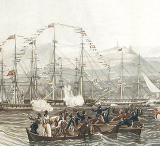This Plate representing the Royal Squadron in Leith Roads, at the moment of King George 4ths. leaving the Royal Yacht to Land in Scotland. is most respectfully dedicated to His most Gracious Majesty