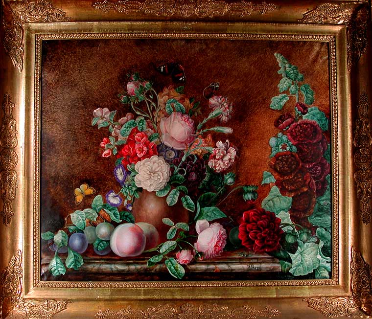 Item #3892 A still-life of flowers in an unglazed earthenware pot, fruit and flowers strewn on the ledge around the pot. Gabrielle FONTAINE, 19th century.