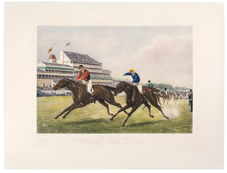 Item #6347 "The Derby 1896. won by H.R.H. The Prince of Wales' Persimmon. J. Watts. up. Second. Mr L. de Rothschild's St. Frusquin T. Loates. Won by a neck, amid the wildest enthusiasm. 11 started" After Major Godfrey Douglas GILES.