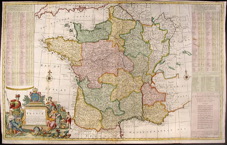 Item #10362 A New and Exact Map of France Dividid into all its Provinces and Acquisitions, according to the Newest Observations, and that accurate Survey made by the King's Command by Mr. Picar and de la Hire, with the Post Roads and the Computed Leagues from Town to Town, and the Passes of the Pirenean Mountains and many other Remarcks &c. Herman MOLL.