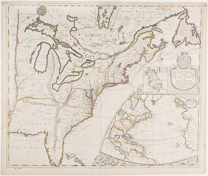 Item #13573 A New Map of the English Empire in America Viz Virginia Maryland Carolina Pennsylvania New York New Jersey New England by Rob: Morden. Robert MORDEN, Christopher BROWN, d.1703.