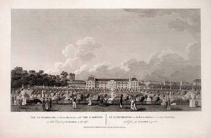Item #16091 The Luxembourg or Palais du Senat with the Gardens and the Church of St. Sulpice on the left. ANONYMOUS.