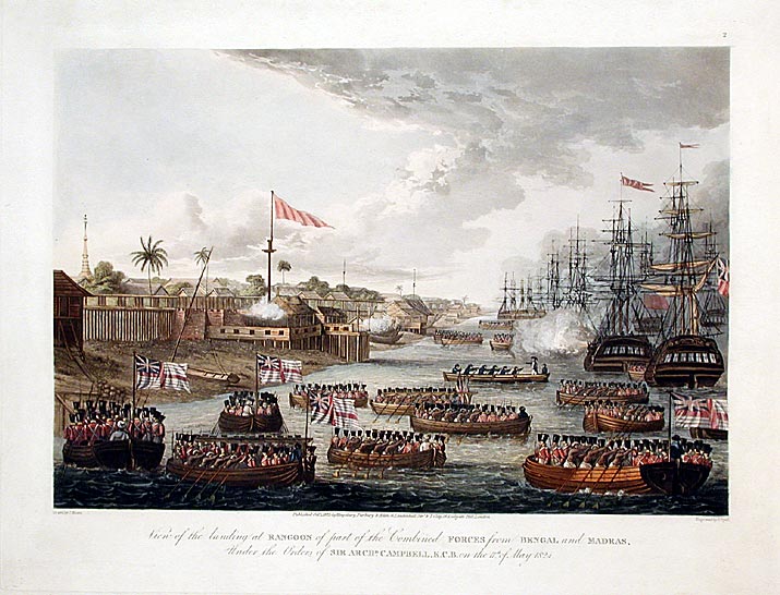 Item #16521 View of the landing at Rangoon of part of the Combined forces from Bengal and Madras, under the Orders of Sir Archd. Campbell, K.C. B. on the 11th of May 1824. Lieutenant Joseph MOORE, and Captain Frederick MARRYAT.