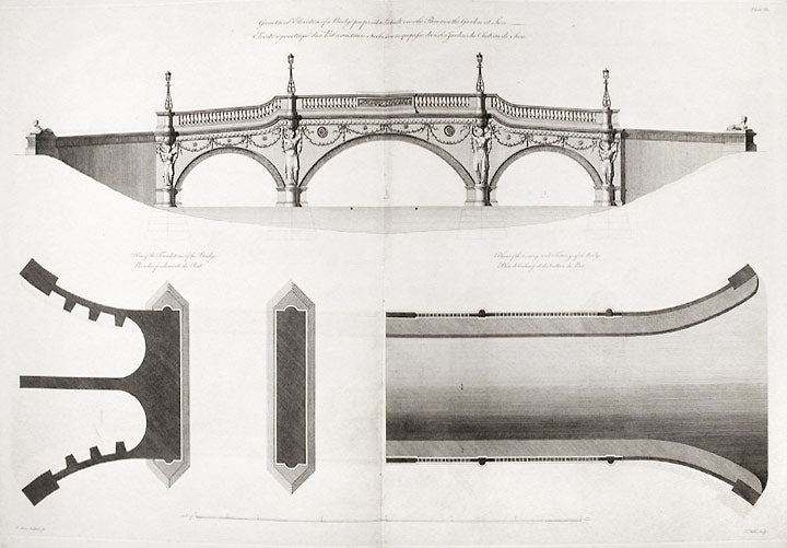 Item #17103 Geometrical elevation of a Bridge to be built over the River in the Garden at Sion... Plan of the Foundations of the Bridge... Plan of the Carriage and Footways of the Bridge. After Robert ADAM.