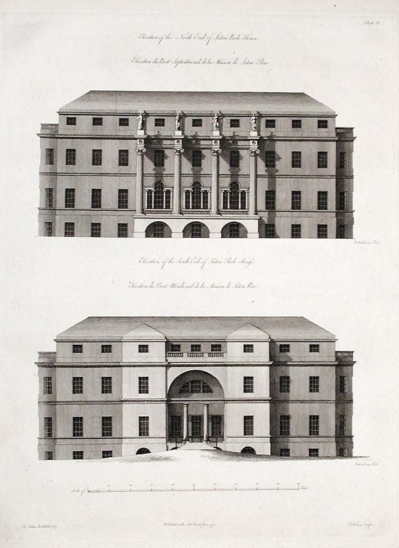 Item #17114 Elevation of the North End of Suton Park House / Elevation of the South End of Suton Park House. After Robert ADAM, James ADAM, d.1794.