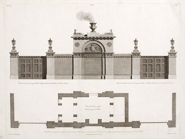 Item #17144 Elevation and Plans of the Gateway and Porter's Lodge of Ashburnham House in Dover Street. After Robert ADAM, James ADAM, d.1794.