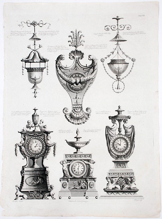 Item #17574 Various Furnishings, Including Decorative Clocks, an Ornamental Knocker, and Two Hanging Lights. After Robert ADAM, James ADAM, d.1794.
