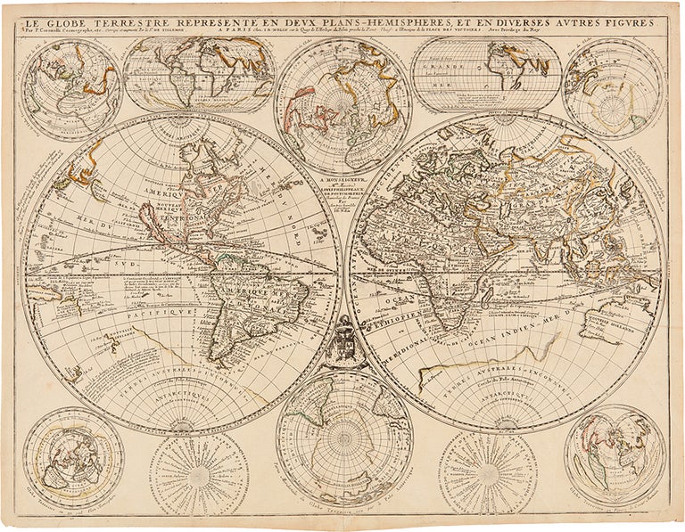 Item #19700 Le Globe Terrestre Representé En Deux Plans-Hemispheres Et En Diverses Autres Figures. Vincenzo Maria CORONELLI, Jean-Nicolas de TRALAGE, c.