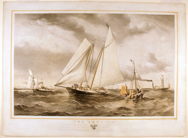 Item #19900 The "America" Winning the Match at Cowes for the [Club Cup] ... open to Yachts of all Classes, and Nations from the original sketch taken [on] the spo[t b]y Oswald W. Brierj[ey]. Thomas Goldsworth DUTTON, after Sir Oswald W. BRIERLEY.
