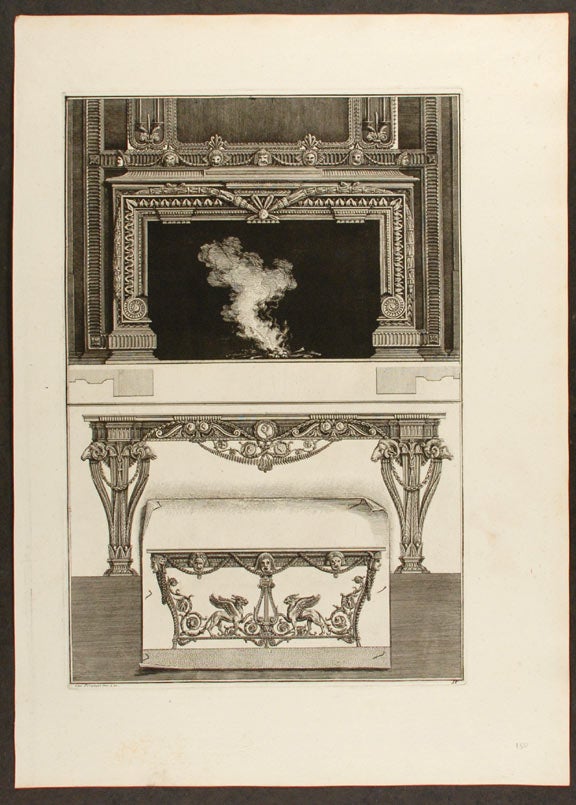 Item #20521 [Plate of neo-Classical designs for one fireplace and two console tables, from "Diverse maniere d'adornare i cammini ed ogni altra parte degli edifizi" Giovanni Battista PIRANESI.