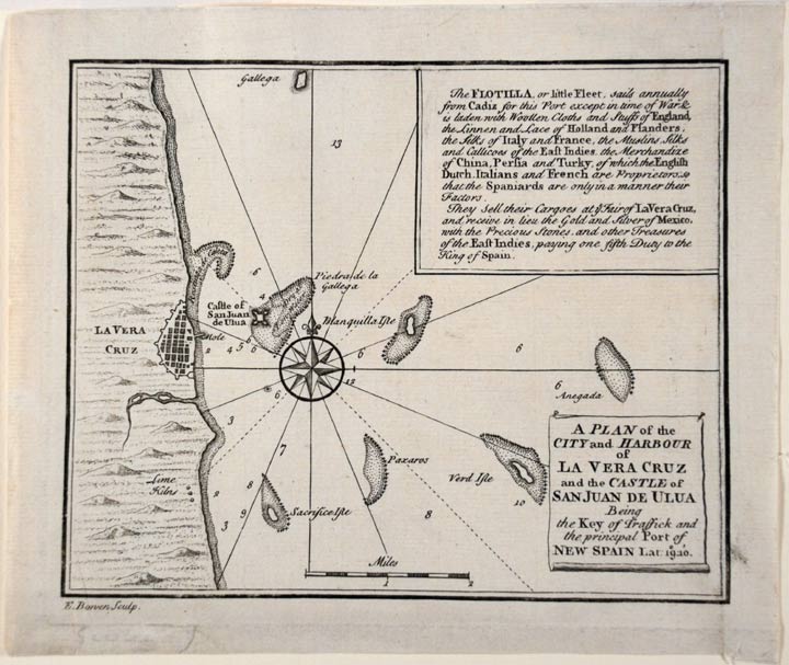 Item #20668 A plan of the City and Harbour of La Vera Cruz and the Castle of San Juan de Ulua being the key of traffick and the principal port of New Spain. c., engraver.