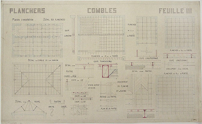Item #20700 Original detailed architectural technical-drawing of the construction of archways, titled 'Planchers Combles Feuille III'. ECOLE DES BEAUX-ARTS -, architect, J. LITOUX.