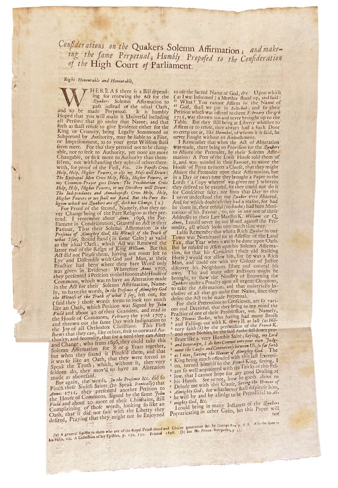 Item #21165 Considerations on the Quakers Solemn Affirmation; and Make-ing the same Perpetual; Humbly Proposed to the Consideration of the High Court of Parliament. Francis BUGG.