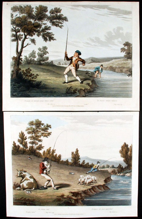 Item #22664 [A pair of angling prints each captioned with quotes from Horace and Virgil:] Sic omnia retro ... [and:] Piscium et summa genus hoesit ulmo. Thomas McLEAN, publisher.