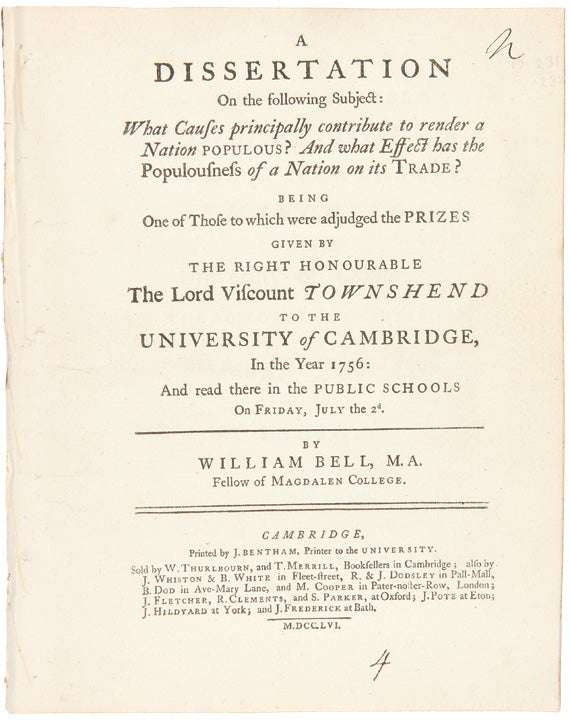 Item #23485 A Dissertation on the Following Subject: What Causes Principally Contribute to Render A Nation Populous? And What Effect Has The Populousness of a Nation on its Trade? William BELL.
