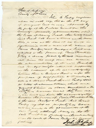 Manuscript Affadavit Signed by John B. Sarpy Testifying to the Dispersal of the Estate of Henry Fraeb (Frapp) and the Difficulty of Collecting Money from Famed Mountain Man Jim Bridger
