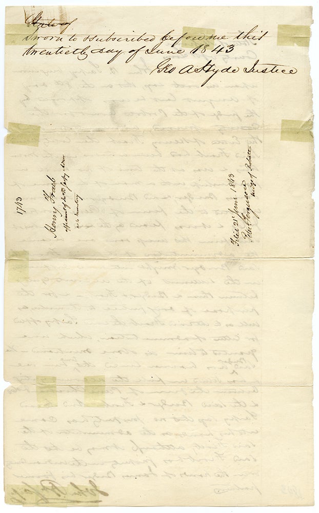 Item #24188 [Manuscript Document Signed by John P. Sarpy Testifying to the Dispersal of the Estate of Henry Fraeb and the Difficulty of Collecting Money from Famed Mountain Man Jim Bridger]. Jim BRIDGER, John SARPY.