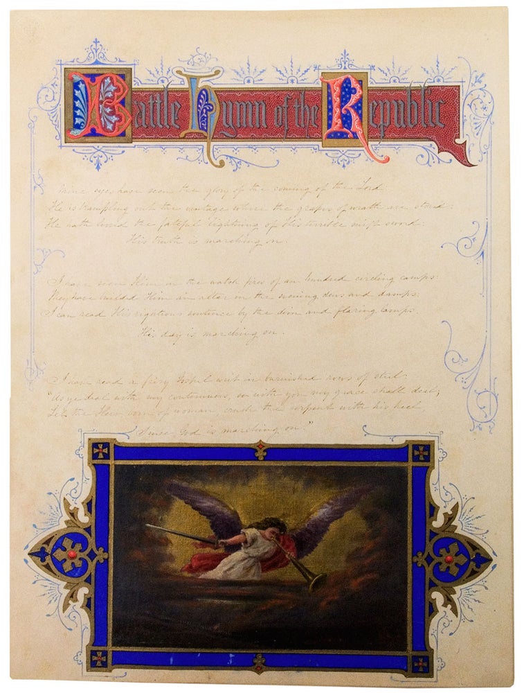 Item #24214 Autograph manuscript signed, the complete five stanzas of the Battle Hymn of the Republic, illuminated by Charles M. Jenckes in watercolour and gouache. Julia Ward HOWE, - Charles M. JENCKES, artist.