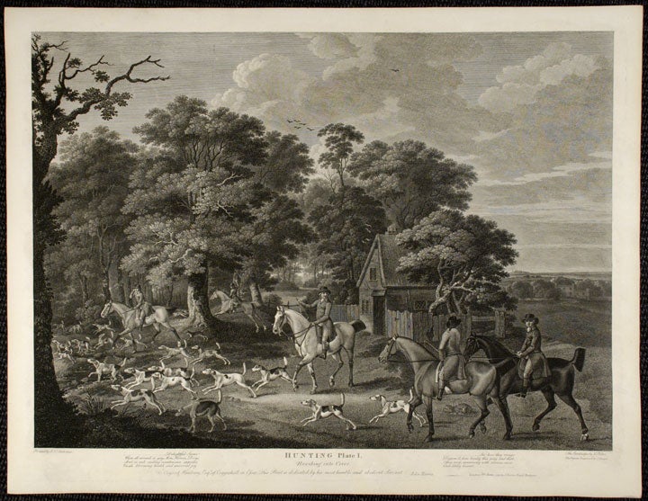 Item #24226 Hunting. [Four plates] Plate I. Brushing into Cover. Plate II. The Chase. Plate III. At Fault. Plate IV. The Death. J. N. SARTORIUS.