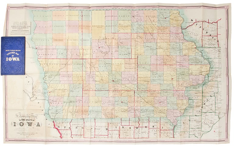 Item #24811 A Township Map of the State of Iowa Compiled from the United States Surveys, official information and personal reconnaissance, showing the streams, roads, towns, post offices, county seats, works of internal improvement, &c., &c. WILLIAMS IOWA - HENN, Co., R. BARNES, Co, publishers.