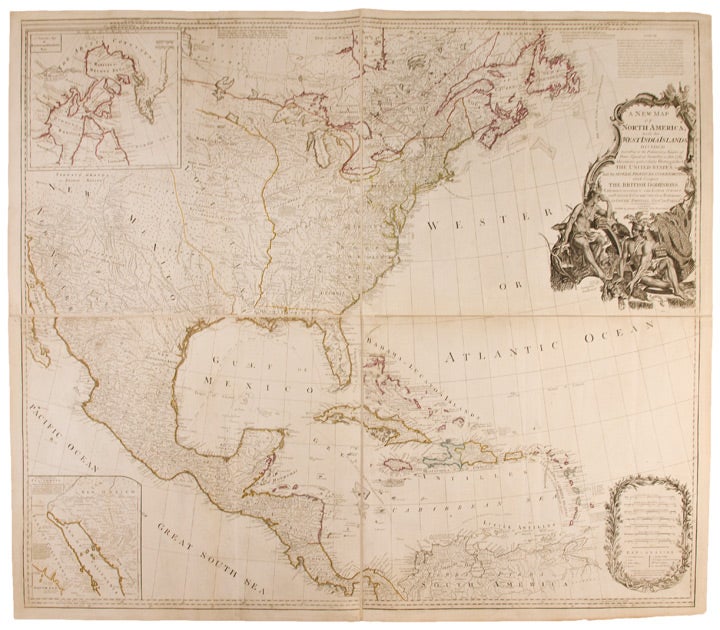 Item #25786 A New Map of North America, with the West India Islands. Divided according to the preliminary articles of peace, signed at Versailles, 20, Jan. 1783. wherein are particularly distinguished the United States, and the several provinces, governments &ca which compose the British Dominions; laid down according to the latest surveys, and corrected from the original materials, of Goverr. Pownall, Member of Parliamt. Emanuel BOWEN, John GIBSON, - Robert LAURIE, publishers James WHITTLE, c., fl., d. 1818.
