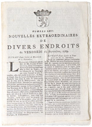 Item #27184 Numero LXXV. Nouvelles Extraordinaires de Divers Endroits du Vendredi 18 September,...