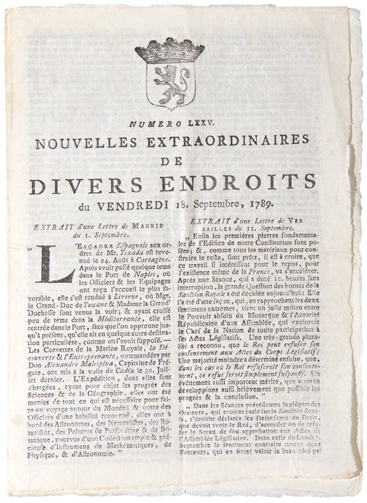 Item #27184 Numero LXXV. Nouvelles Extraordinaires de Divers Endroits du Vendredi 18 September, 1789 ... Extrait d'une lettre de Madrid du 1 Septembre. MALASPINA EXPEDITION.