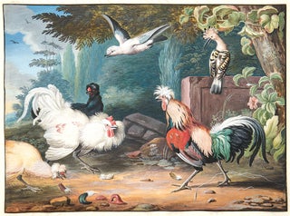 [Pair of bodycolour on vellum paintings of birds, including a peacock, roosters and other fowl, ducks, a hoopoe and other birds, within a landscape setting]