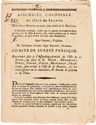 Item #28425 Assemblée Coloniale de l'Isle de France. Séance du 17 Brumaire au Matin, 3me....