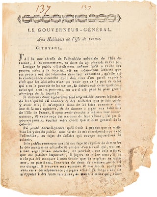 Item #28428 Le Gouverneur-General. Aux Habitants de l'Isle de France [caption title]. MAURITIUS...
