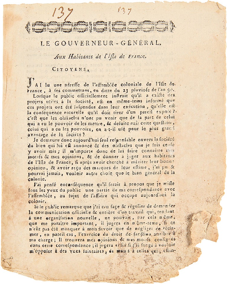 Item #28428 Le Gouverneur-General. Aux Habitants de l'Isle de France [caption title]. MAURITIUS IMPRINT.
