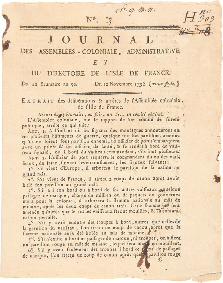 Item #28429 No.3. Journal des Assemblees-Coloniale, Administrative et du Directoire de l'Isle de France. Du 22 Brumaire An 5e. du 12 Novembre 1796 (Vieux Style) [caption title]. MAURITIUS IMPRINT.