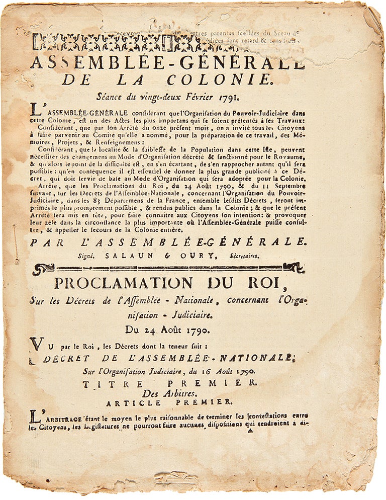 Item #28430 Assemblée Generale de la Colonie. Séance du Vingt-Deux Février 1791 [caption title]. MAURITIUS IMPRINT.