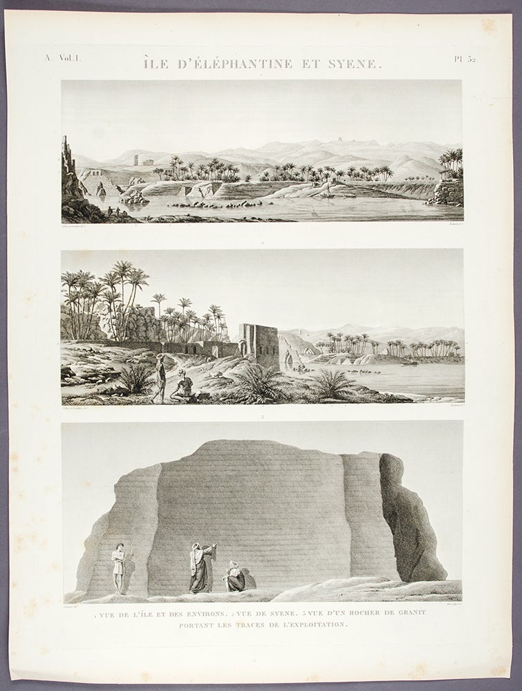 Item #28492 Île d'Éléphantine et Syene 1. Vue de L'Île et des Environs. 2. Vue de Syene. 3. Vue d'un rocher de granit portant les traces de l'exploitation. DESCRIPTION DE L'EGYPTE.