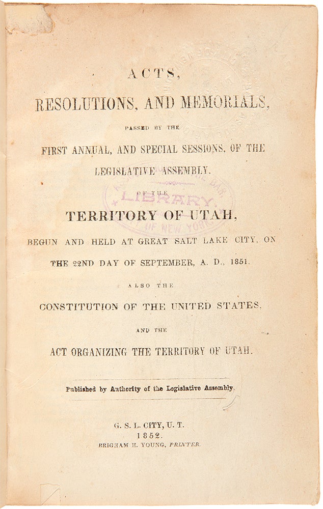 Item #29010 [Extensive Run of Utah Territorial Laws from the Incorporation of the Territory in 1851 through 1878]. UTAH.