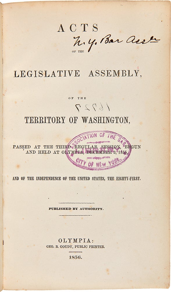 Consecutive Run of Early Washington Territorial Laws, 1855 1869  WASHINGTON TERRITORIAL LAWS