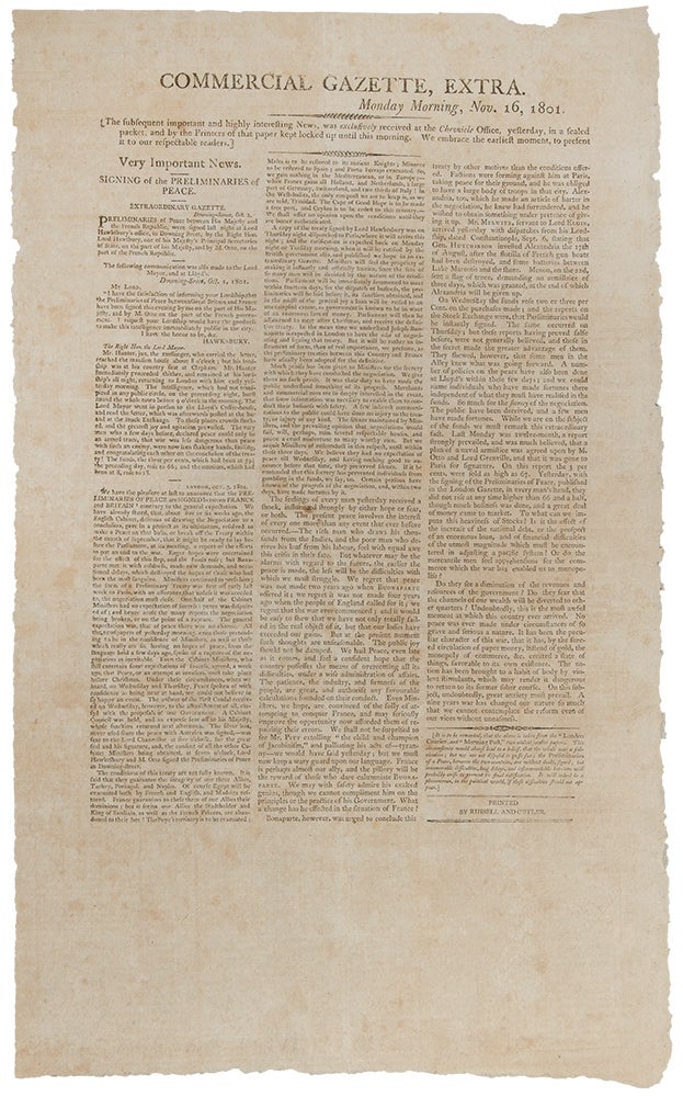 Item #29325 Commercial Gazette, Extra. Monday Morning, Nov. 16, 1801 ... Very Important News. Signing of the Preliminaries of Peace. FRENCH REVOLUTIONARY WARS.