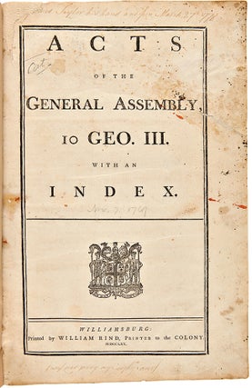 Item #29591 Acts of the General Assembly, 10 Geo. III, with an Index. VIRGINIA LAWS