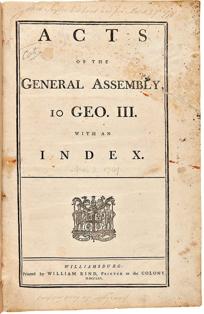 Item #29591 Acts of the General Assembly, 10 Geo. III, with an Index. VIRGINIA LAWS.