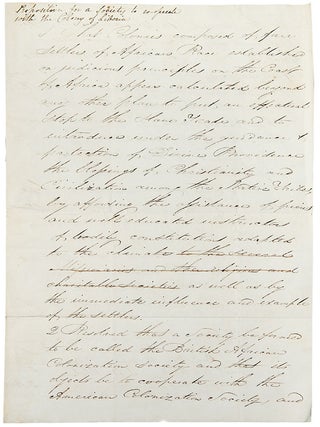 Autograph letter from Elliott Cresson to Member of Parliament Benjamin Hawes, with a resolution titled "Proposition for a Society to co-operate with the Colony of Liberia," along with discussion of abolitionist William Lloyd Garrison's opposition