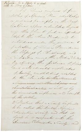 Autograph letter from Elliott Cresson to Member of Parliament Benjamin Hawes, with a resolution titled "Proposition for a Society to co-operate with the Colony of Liberia," along with discussion of abolitionist William Lloyd Garrison's opposition