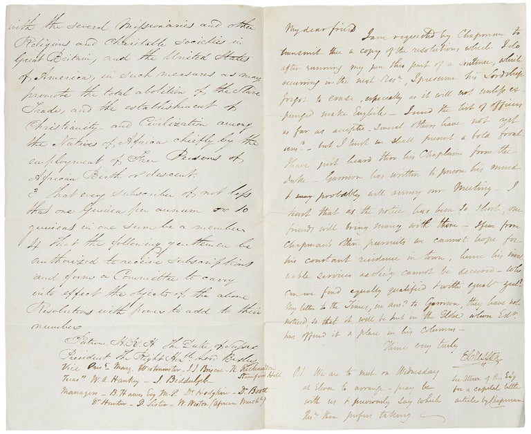 Item #31599 Autograph letter from Elliott Cresson to Member of Parliament Benjamin Hawes, with a resolution titled "Proposition for a Society to co-operate with the Colony of Liberia," along with discussion of abolitionist William Lloyd Garrison's opposition. SLAVERY, Elliott CRESSON.