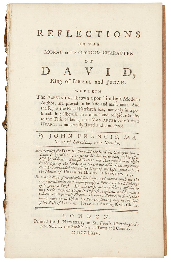 Item #33792 Reflections on the Moral and Religious Character of David, King of Israel and Judah. John FRANCIS.
