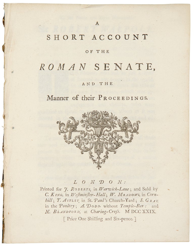 Item #33973 A short account of the Roman Senate, and the manner of their proceedings. Daniel BURGESS, d. 1747.