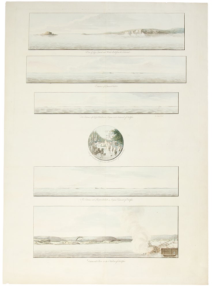 Item #34270 [A group of six views printed on a single plate] `A View of Cape Egmont and Winter Rock from the Eastward.'; `Entrance of Egmont Harbor.'; `The Entrance of Keppel Harbor, 10 Leagues to the Eastward of Halifax.'; `Falls of Hinchinbroke River, the North East Branch of Sandwich Bay.'; `The Entrance into Chisetcook Inlet 4 Leagues Eastward of Halifax.'; `Dartmouth Shore in the Harbor of Halifax'. Joseph F. Wallet DES BARRES.