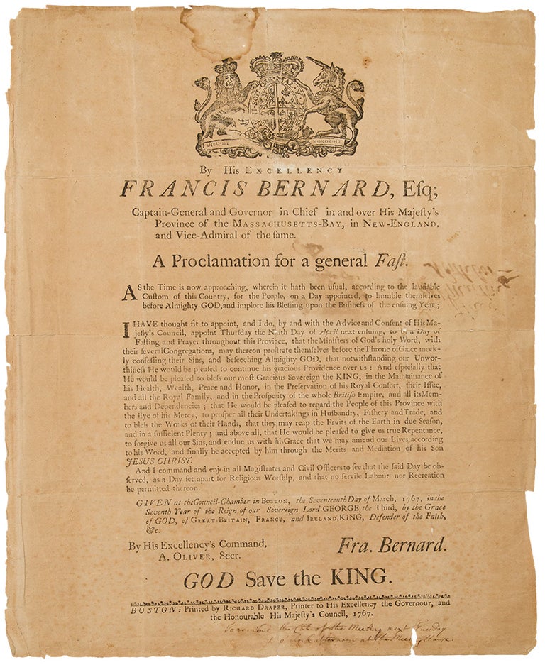Item #34640 By His Excellency Francis Bernard, Esq; Captain General in Chief in and over His Majesty's Province of the Massachusetts-Bay, in New-England, and Vice-Admiral of the same. A Proclamation for a general Fast. BROADSIDE.