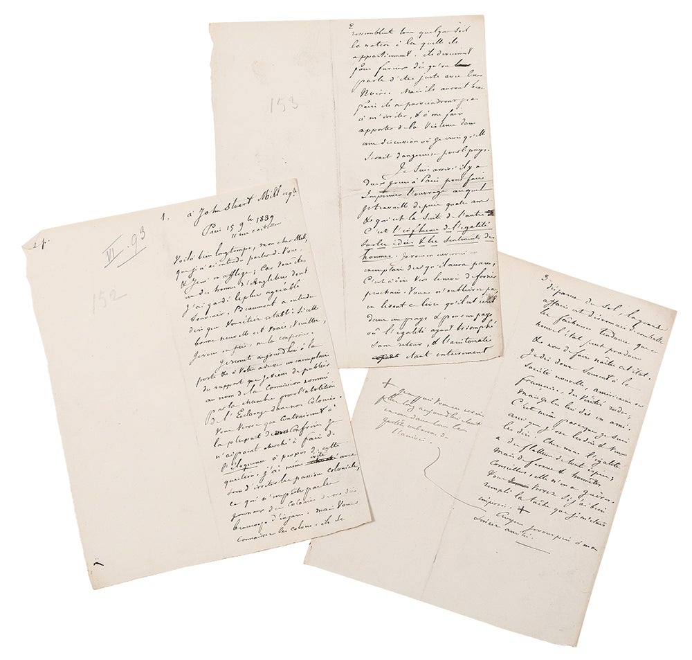 Four manuscript letters from Tocqueville to John Stuart Mill 3 and Henry Reeve 1 written in the hand of Gustave de Beaumont evidently in preparation