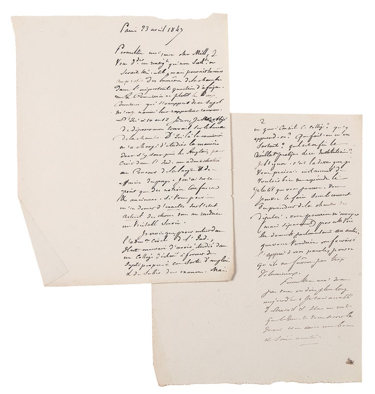 Item #35374 [Four manuscript letters from Tocqueville to John Stuart Mill (3) and Henry Reeve (1), written in the hand of Gustave de Beaumont evidently in preparation for his edition of Tocqueville's Oeuvres]. Alexis de TOCQUEVILLE.