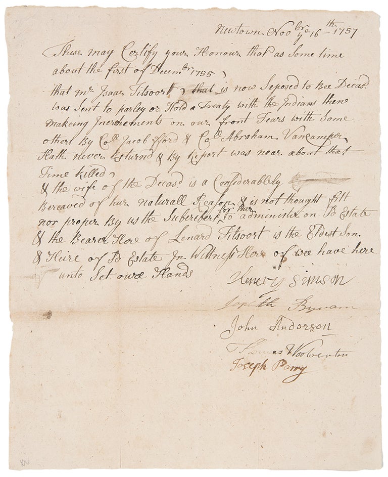 Item #38668 Manuscript document signed by the selectmen of Newtown, NJ, attesting that Isaac Titsoort [i.e. Tietsoort], was sent in December 1755 to negotiate with Indians on the Pennsylvania frontier, but was killed. FRENCH AND INDIAN WAR.