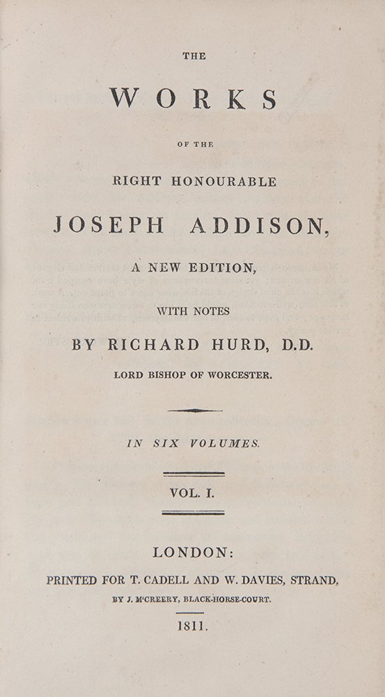 Item #39014 The Works of the Right Honourable Joseph Addison. With Notes by Richard Hurd, D. D. Joseph ADDISON.